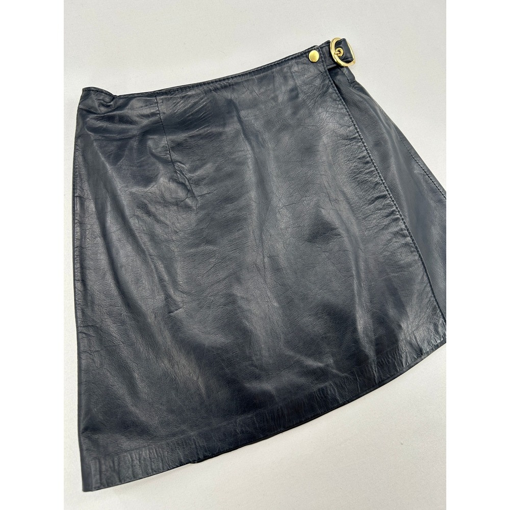 Gold Group Toronto Black Leather Wrap Mini Skirt Gold Buckle Women's Small